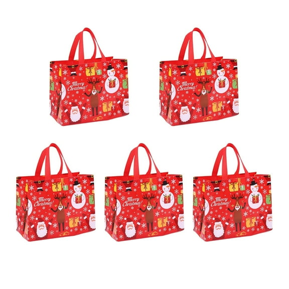 5Pcs Large Christmas Gift Bags with Handles, Reusable Christmas Grocery Tote Bags for Christmas Holiday Gift Groceries Shopping Xmas Party Supplies (D)