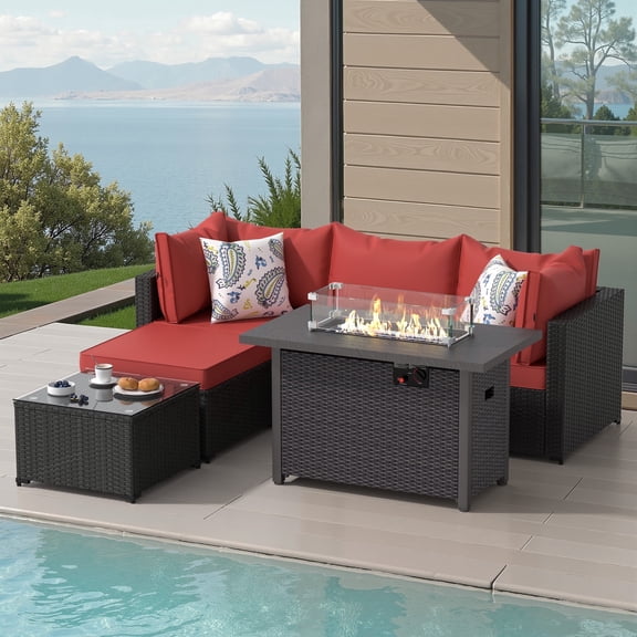 6 PCS Patio Furniture Sets w/ 42" Fire Pit Table Outdoor Conversation Sectional Sofa w/ 50000 BTU Propane Fire Pit Weaving Wicker Rattan Patio Conversation Set With Ottoman, Cushion And Coffee Table