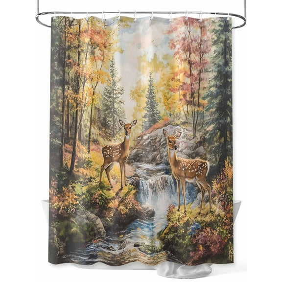 Deer Shower Curtain, Forest River Landscape Waterproof Shower Curtain Set with 12 Hooks Lightweight Washable Fabric Shower Curtains for Bathroom 48x72 Inches