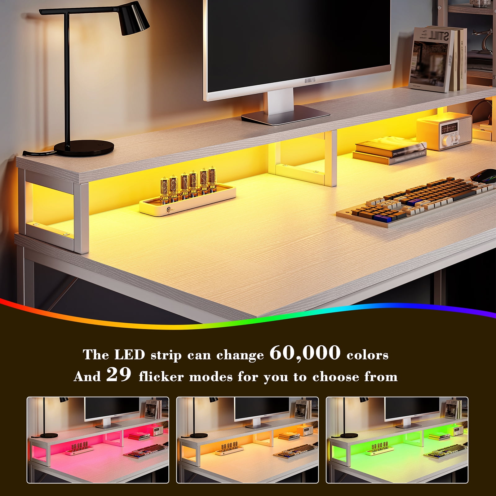 Romorgniz 44"W Computer Desk with Hutch, Gaming Desk with LED Lights & Power Outlets, Small Desk with Drawer and Monitor Stand, Studying Desk for Home Office, White