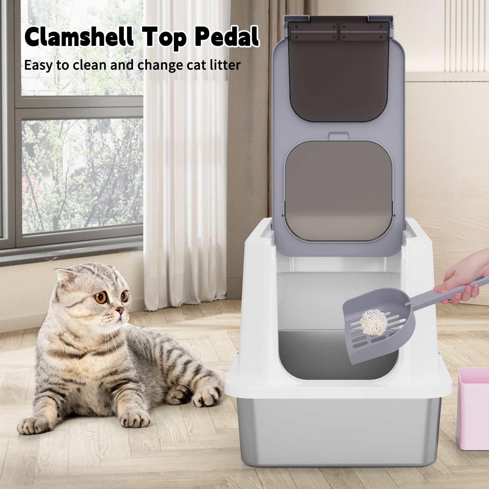RIZZARI Enclosed Cat Litter Box: Large Top & Front Entry - High-Sided Anti-Scatter Design - Stainless Steel Odor Control - Easy Clean Teflon Non-Stick Coating- Gray Litter Pan - Entryway/Closet Nook