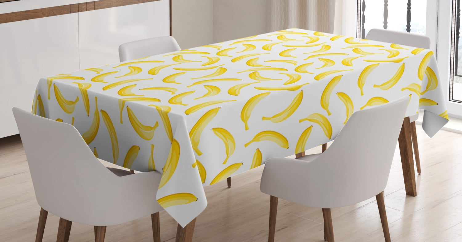 Yellow and White Tablecloth, Cartoon Style Bananas Pattern Exotic Fresh