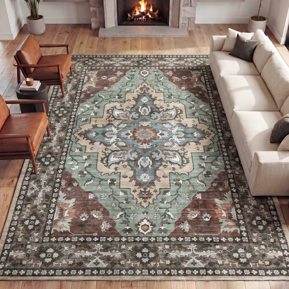 JONATHAN Y WASHABLE Superbia Boho Medallion Border Machine-Washable Polyester Area Rug, 5' x 8', Green and Brown, Traditional Vintage Low-Pile Indoor Rug for Living Room WSH502C-5