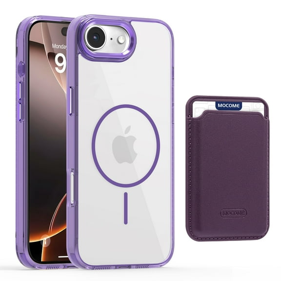 2 in 1 Wallet Case for iPhone 17e 16e, Compatible with Magsafe Clear Shockproof Magnetic Phone Case with Card Holder TPU Anti-Yellowing Hard Back Protective Cover for iPhone 17e/16e,Purple