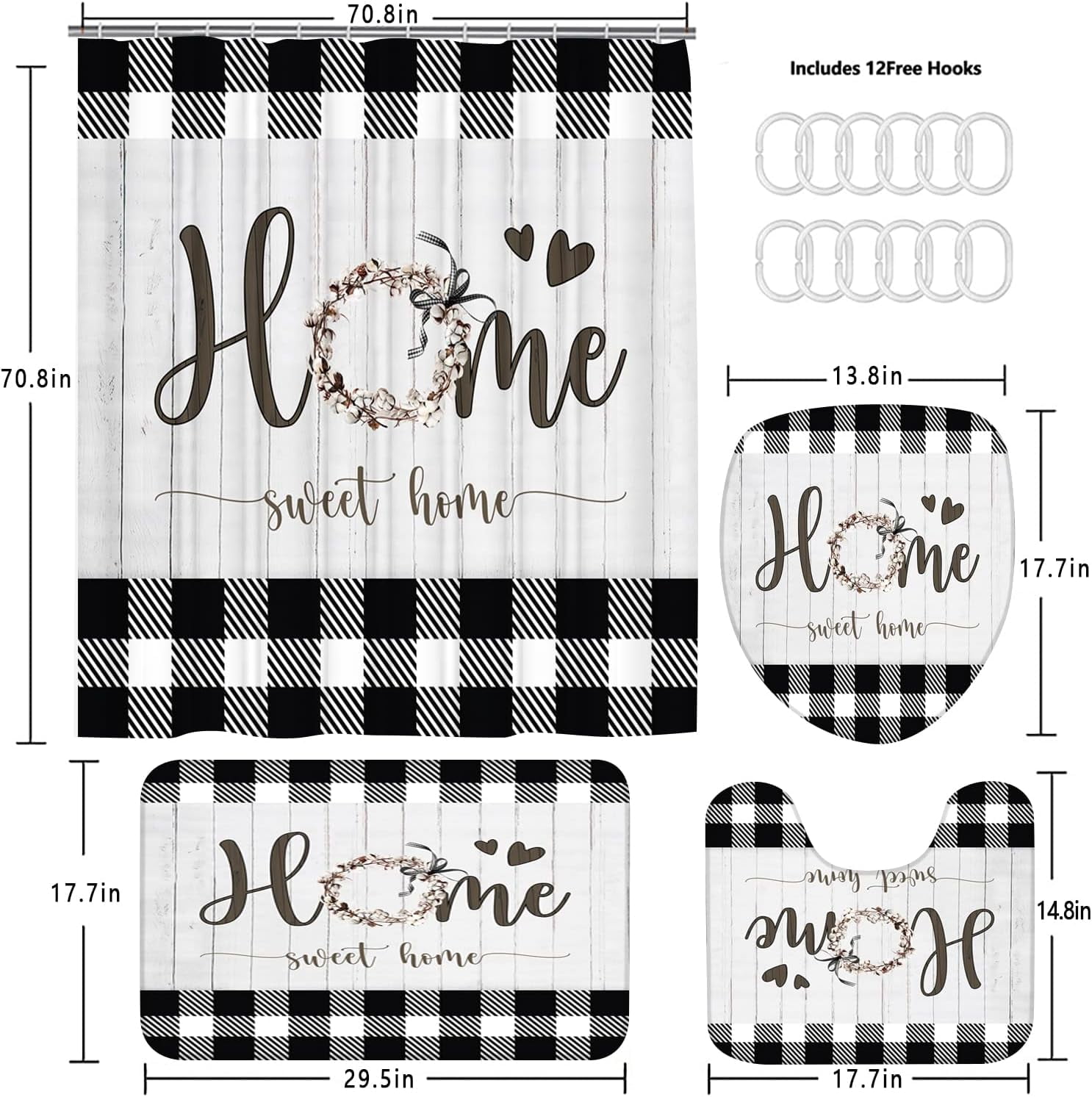 Black and White Shower Curtain Set Home Sweet Home Bathroom Sets with Rugs,Rustic Plaid Bathroom Shower Curtain Set with Carpet Bath Mat Toilet Rugs