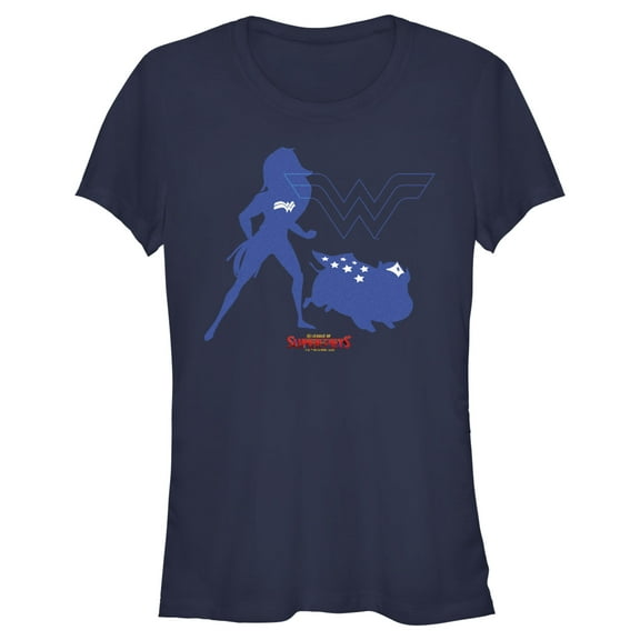 Junior's DC League of Super-Pets Wonder Woman and PB Silhouette  Graphic Tee Navy Blue Medium
