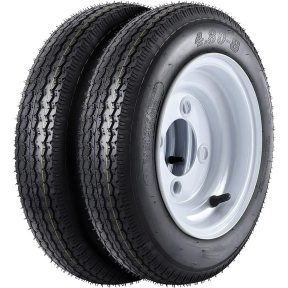 4.80-8 Trailer Tires On Rims 4.8-8 480-8 4.80 X 8 with 8" Rims, 4 Lug on 4", Load Range C, 6PR, Set of 2 Wheel White Spoke