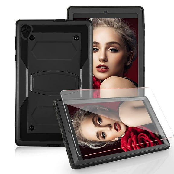 FIEWESEY for Alcatel Joy Tab 2 Case,Shock-Resistant Drop-Proof and Shock-Resistant Rugged case(with Stand), for Alcatel Joy Tab 2/TCL Tab 8 Inch Tempered Glass Screen Protector (Black, 1 Pack)