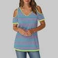 thumbnail image 2 of Kaemgyyd Summer Tops Womens Stripe Short Sleeve Cold Shoulder Tunic Tee V Neck Loose Casual Shirts Fashion, 2 of 6