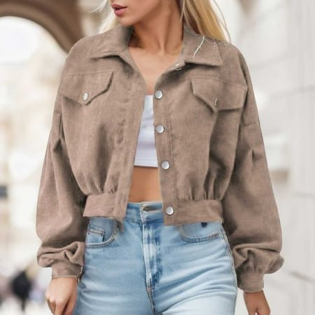 MKLEKYY Veste Imperméable pour Femmes Veste Décontractée en Velours Côtelé avec Manches Courtes
