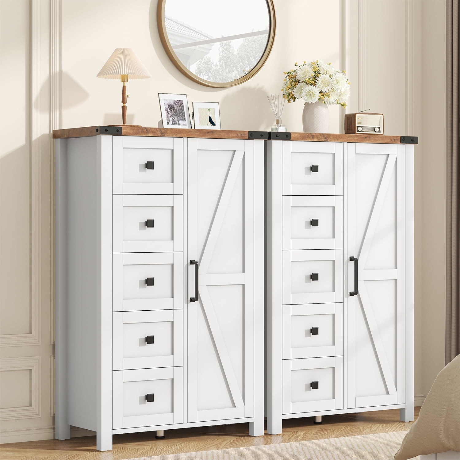 Winkalon 5 Drawers Dresser Chests for Home Bedroom, Farmhouse Wood Rustic Tall Chest of Drawers, Pull Storage Cabinet,White