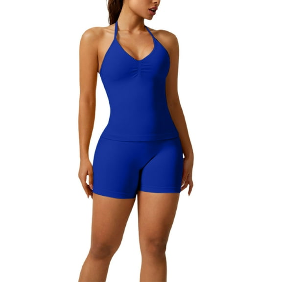 Tumotour Two Piece Sets For Women 2025 Summer Yoga Outfits Backless Strappy Sports Bra And High Waisted Shorts Matching Workout Set