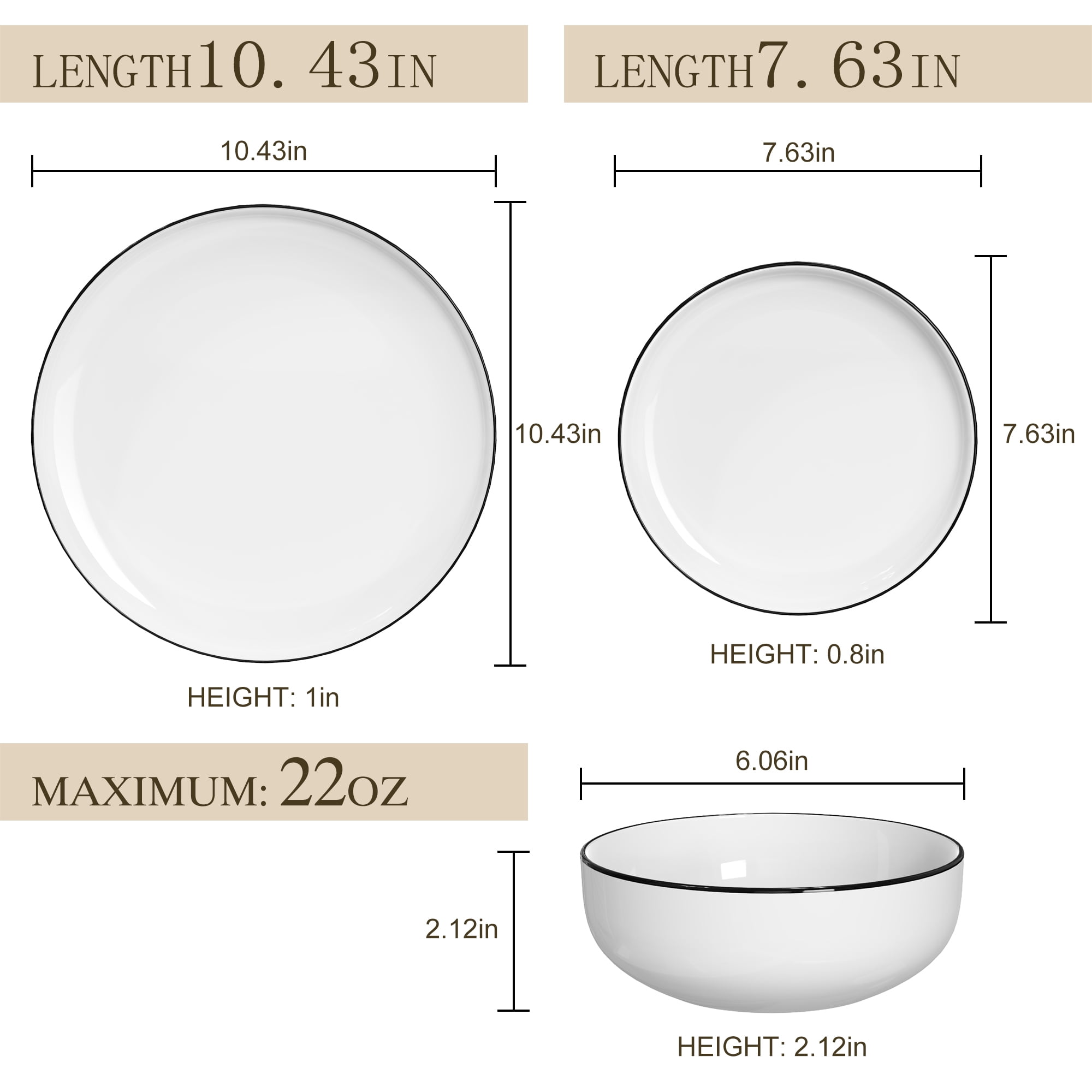 Ollieroo Kitchen Plates and Bowls Sets, 12 Pieces Porcelain Dinnerware Set for 4, Handmade Ceramic Dish Set wtih Black Rim, Ceramic Dishware Dishes Microwave and Dishwasher Safe