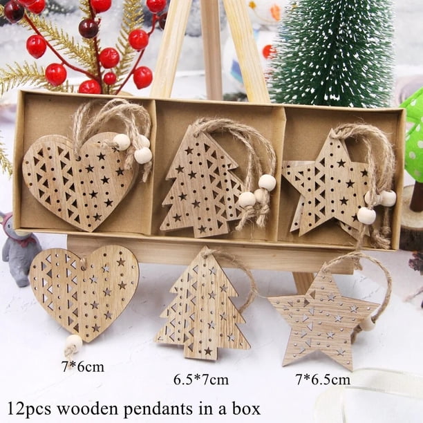 Colgantes huecos de madera para Navidad, adornos colgantes de Papá Noel, muñeco de nieve, Ángel, decoraciones para árboles de Navidad, regalos, 12 unids/lote por caja