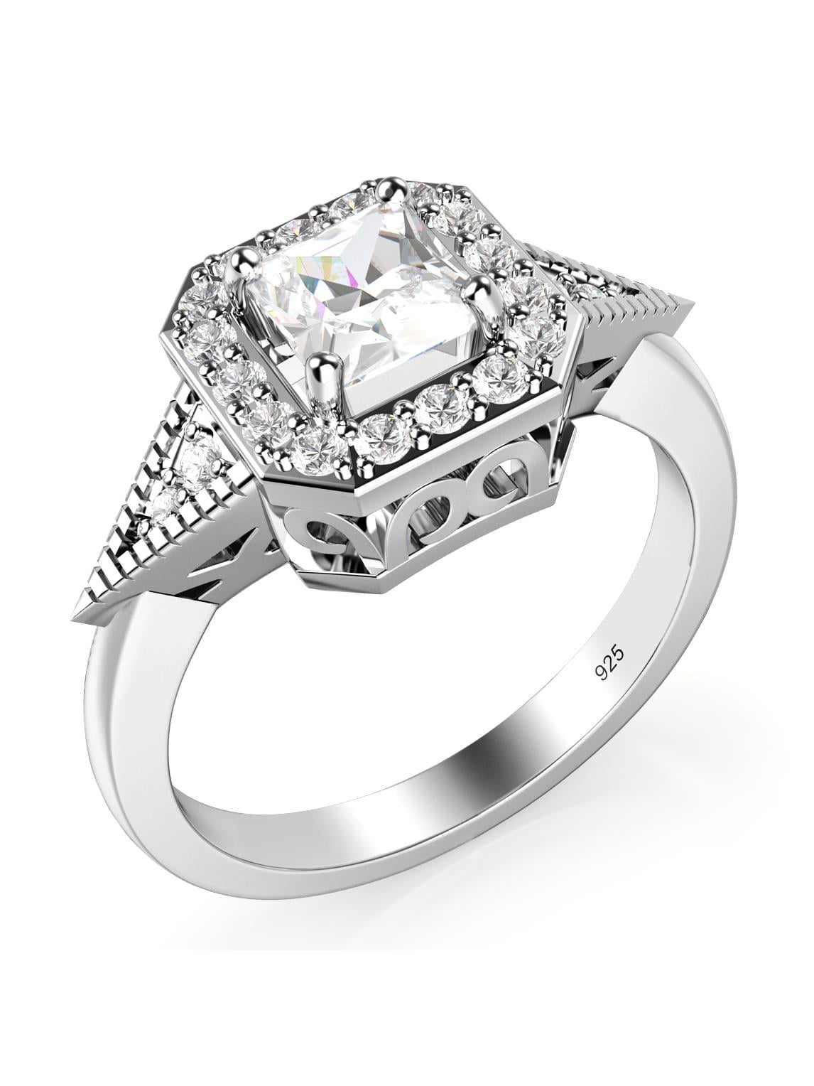 Sz 7 Sterling Silver 925 Princess Cut CZ Cubic Zirconia Halo Engagement Ring