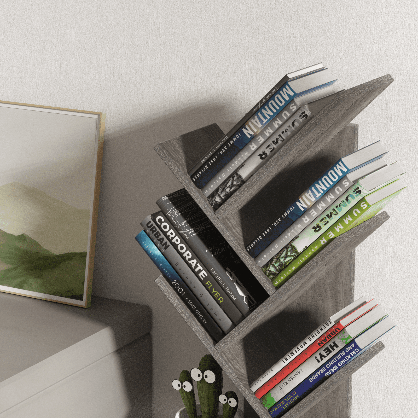 Tree Bookshelf 5-Tier Tabletop Tree Bookcase, Floor Standing Organizer Bookcases for Living Room,Bedroom, Light Grey