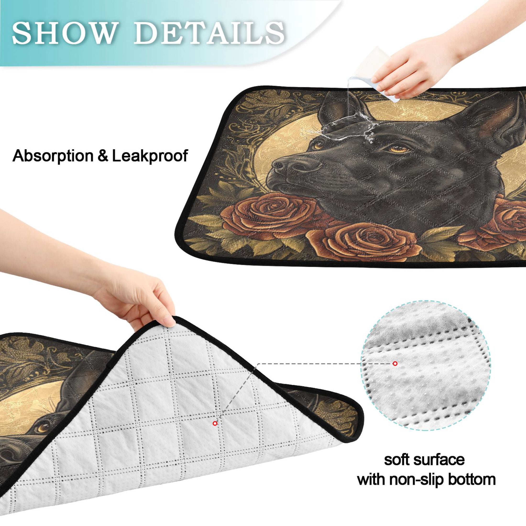 Qxltty The Black Dog with Red Rose Cat litter Pads Pet Set of 3 Diaper Mats Center Anti-leakage Layer Absorbent Soft and Comfortable