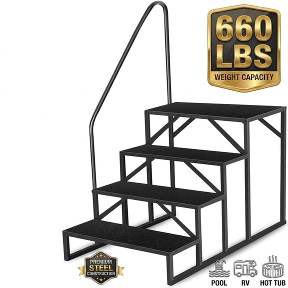 Heavy Duty Above Ground Pool Ladder with Handrails, 660 lbs Capacity RV Steps & Hot Tub Stairs, Non-Slip Portable Camper Step Stool for Mobile Home