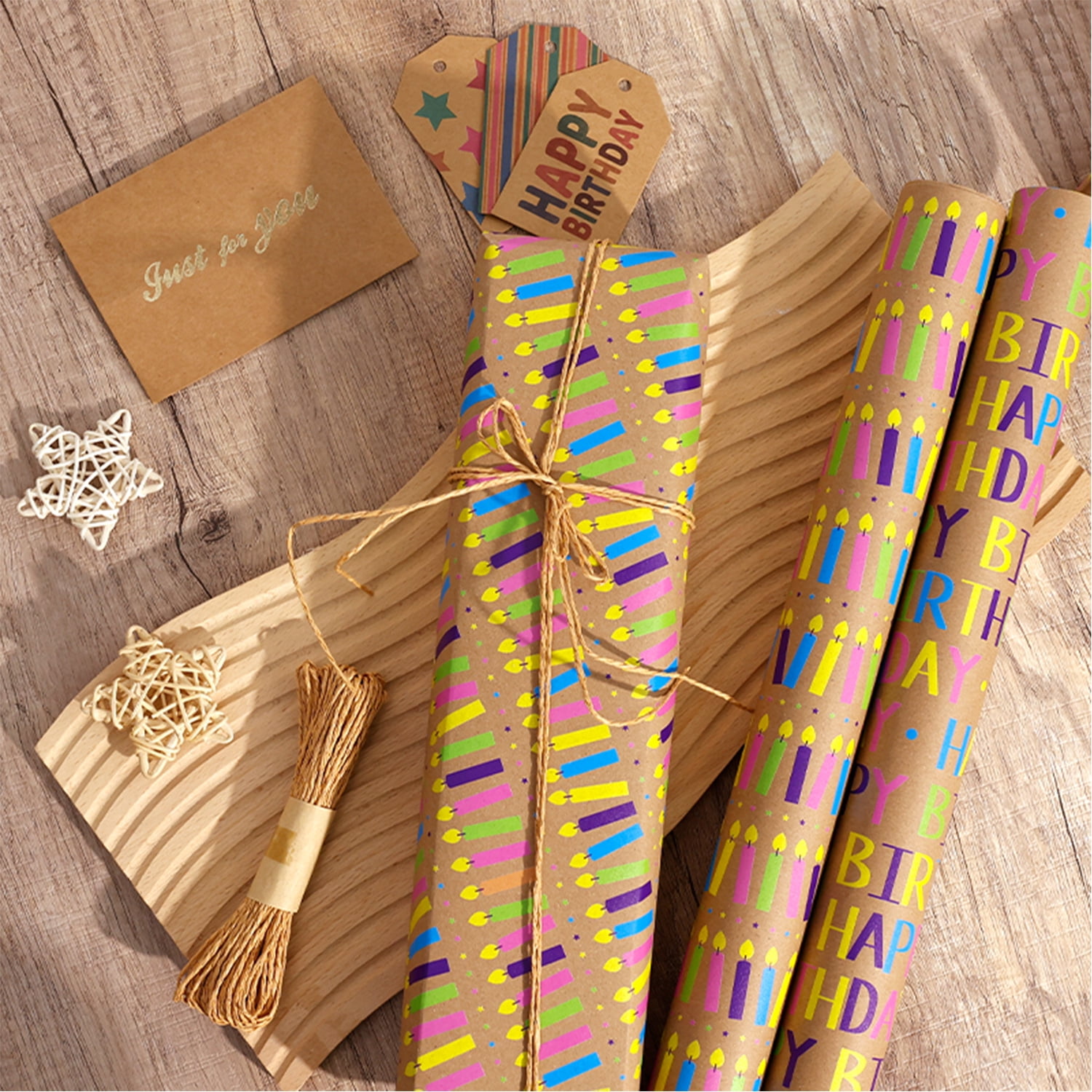 Kraft Birthday Wrapping Paper, Vintage Brown Gift Wrap Paper with Colorful Balloons Candles Happy Birthday for Party - 3 Rolls, 17 inch X 120 inch Each