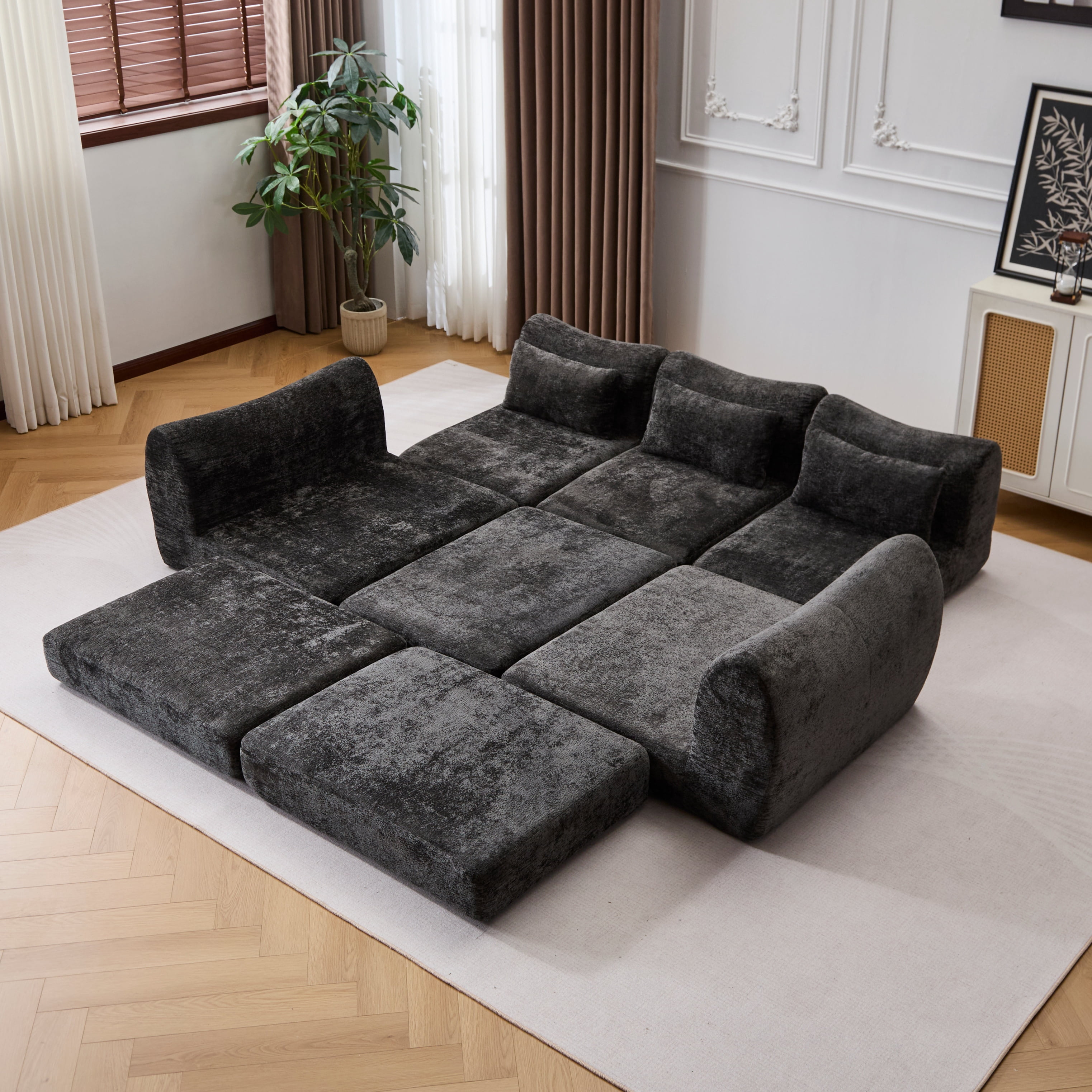 BSHTI Foldable Wave Star Modular Sofa, Chenille Fabric, 4-in-1 Modern Couch for Living Room, Modular Sectional Sofa with Chaise, Free Combination 3 Seater Sofa, Black