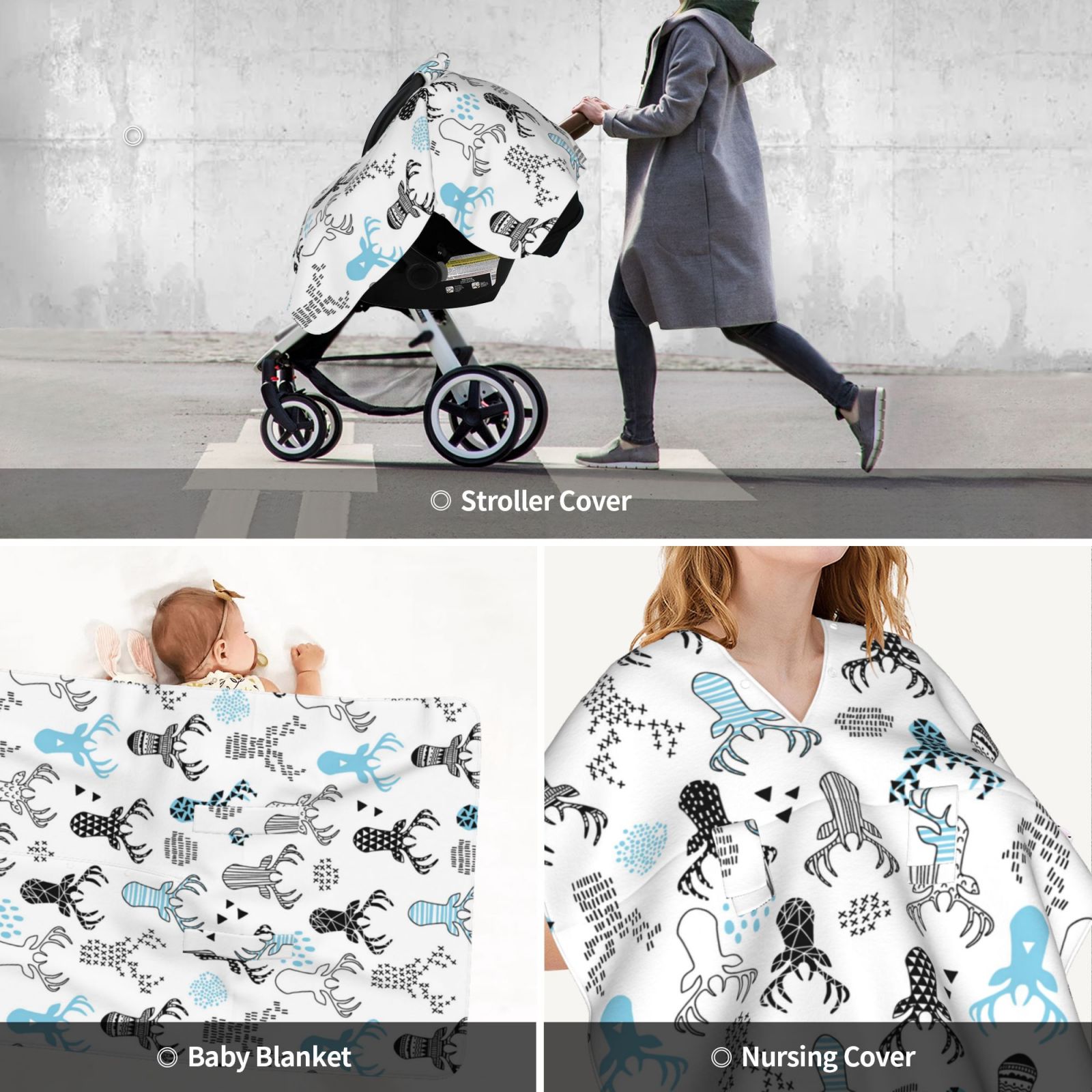 Car Seat Cover Baby - Winter Art Blue and Black Moose Breathable Infant Car Seat Cover for Baby Carseat, Lightweight Comfort Baby Essentials Must Haves Newborn Stuff for Girl Boy