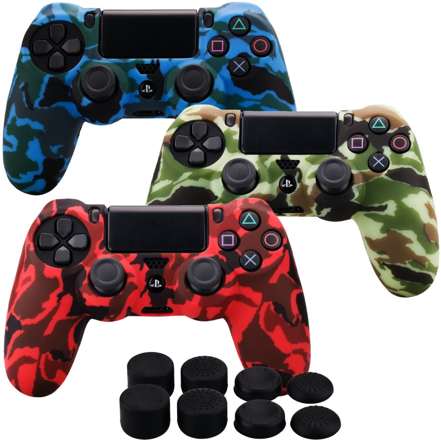 Silicone rubber cover skin case anti-slip Water Transfer Customize Camouflage for PS4/SLIM/PRO controller x 3(red & yellow & blue) + FPS PRO extra height thumb grips x 8