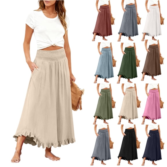 Boho Ruffle Hem Maxi Skirt for Women - High Waisted Elastic Waist Long Skirt with Pockets, Flowy Casual Beach Summer Skirt Army Green L
