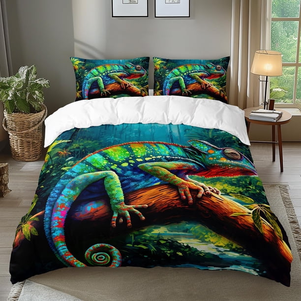 Juego de funda nórdica King Size,Tropical Rain Forest Camaleón Juego de cama para