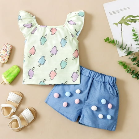

Leutsin Toddler Kids Girls Ice Cream Print Fly Sleeve Clothes Summer Shorts Cute Suit