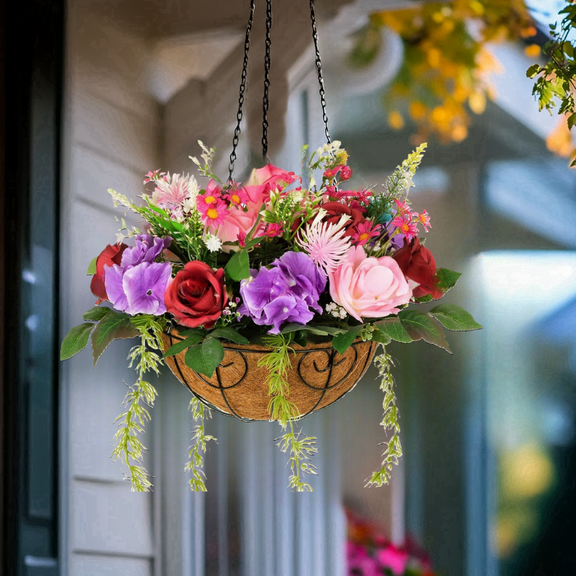 MixMart Artificial Hanging Outdoor Flower Basket , UV Protective Fake Flowers, 8 Inch Coconut Lined Basket,for Outdoor Patio Porch Garden Entryway Decor, roses and lilies,Mix Color