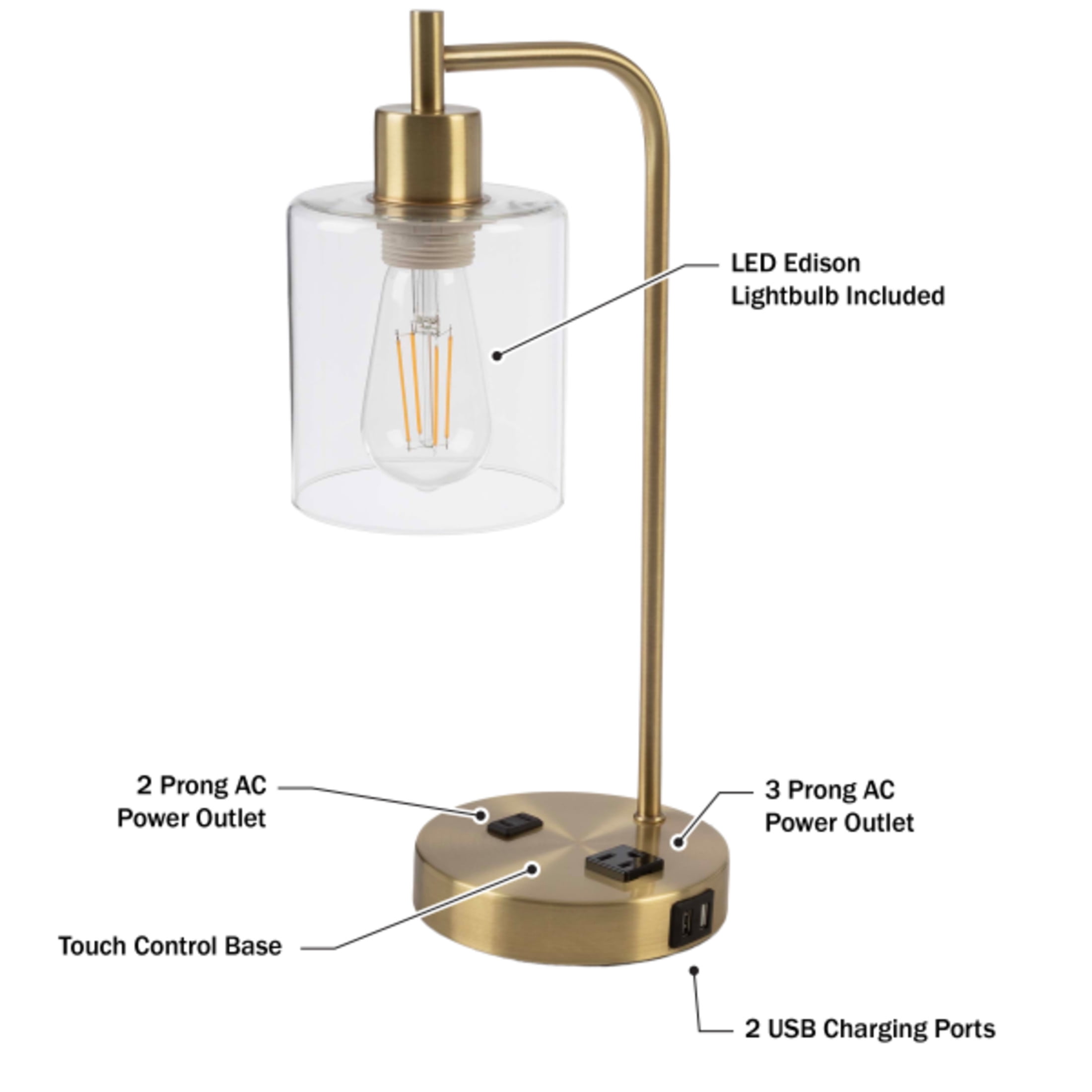 Lavish Home Lamp with USB Charging Ports, Touch Control, LED Bulb (Gold)