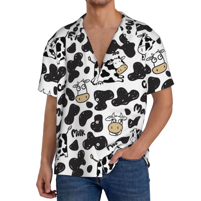 Fotbe Cow Camisa Estampada de Manga Corta para Hombre, Casual de Verano, Estilo Playero, Sin Arrugas-X-Large