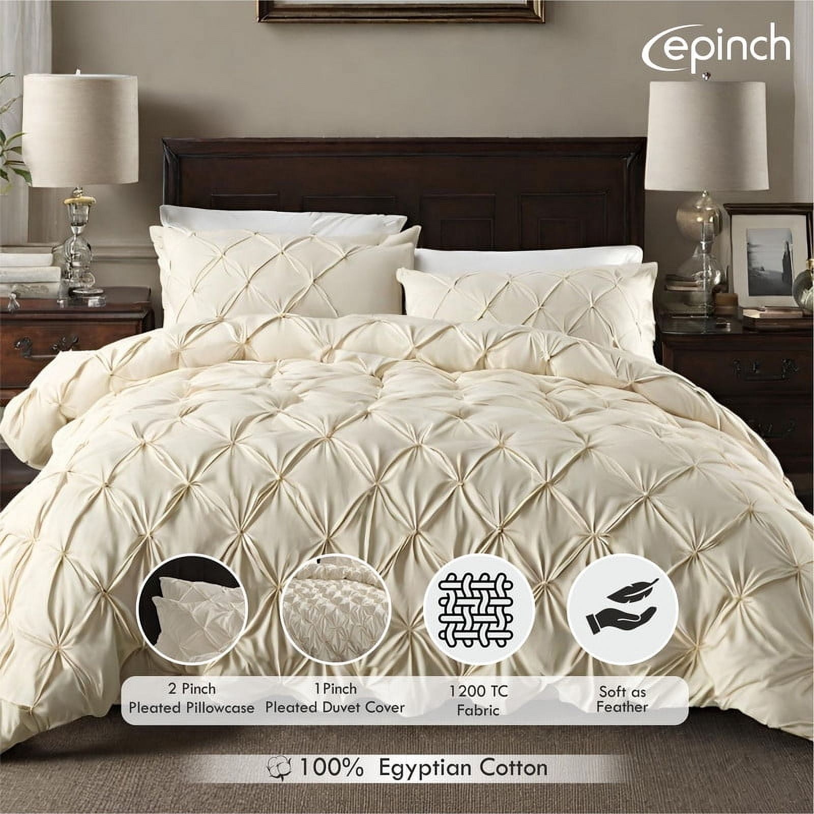 Pinch Pleated Duvet Cover Set 1200TC 100% Cotton Luxurious Home 3-Piece 1-Pinch Duvet Cover 2-Pinch Pillowcase Zipper Tie Closure Pack of 1