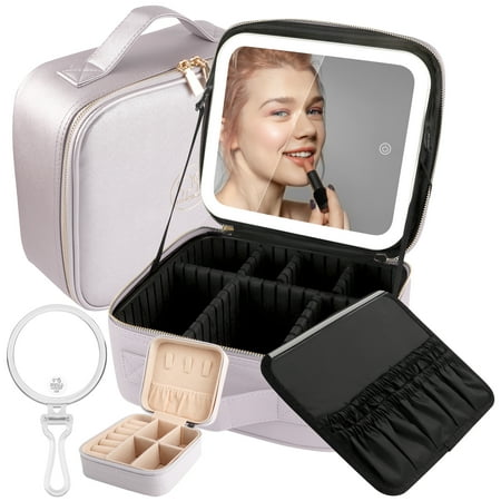MOMIRA Makeup Travel Bag with Rechargeable Makeup Vanity Mirror 3 Color Lighting Dimmable Touch Screen, Tabletop Cosmetic Train Case with Cosmetic Lighted Mirror for Women Violet Grey