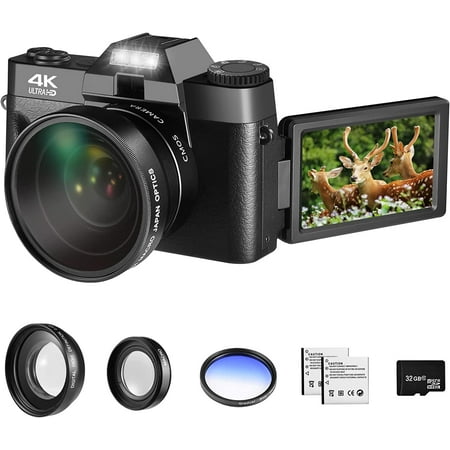 48MP Digital Camera for Photography,4K Vlogging Camera,Digital Camera for Kids and Adults with 180° Flip Screen,Wide-Angle Lens,Macro Lens,32 GB Micro Card,2 Batteries(Black)