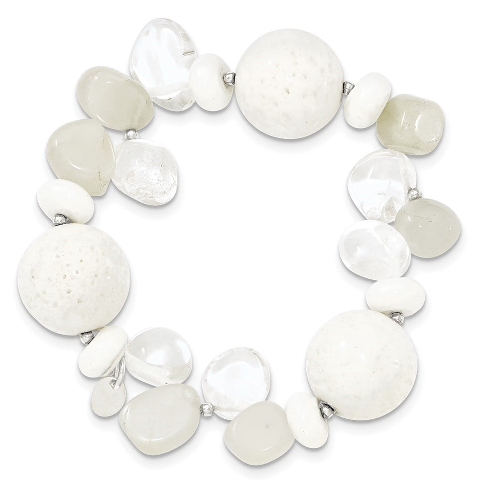 Diamond2Deal 925 Sterling Silver Coral/Jade/Moonstone/Rock Quartz Stretch Bracelet for Women