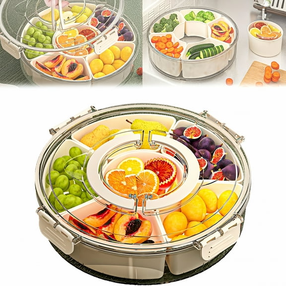 ACDANC Sealed Rotating Vegetable Fruit Tray,12" Fruit Tray Veggie Platter with Lid and Handle,360 Rotatable Snack Tray,Divided Serving Tray,6 Compartment Snack Box Container (1pc)