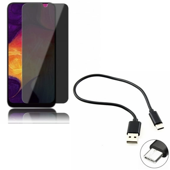Galaxy A50/A20 Tempered Glass Privacy Screen Protector w 1ft Short USB Cable - Anti-Spy Anti-Peep 3D Edge, Type-C Charger Cord for Samsung Galaxy A50/A20