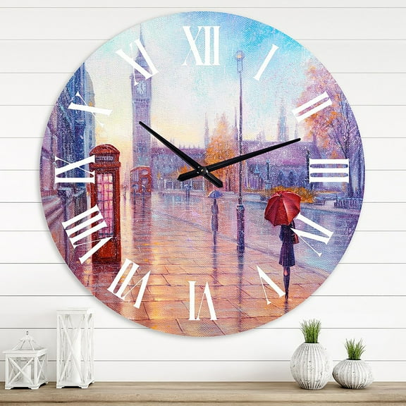 Designart 'Big Ben And Woman With Red Umbrella In London' French Country Wall Clock