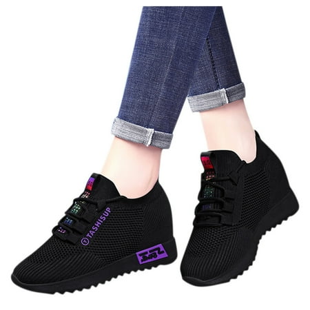 Oyedens Hidden Heels Running Walking Shoes for Women Breathable Black Mesh Womens Non Slip Work Shoes