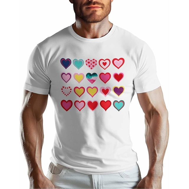 Camisetas para hombre, camiseta de algodón con cuello redondo y corazones de amor coloridos, manga corta para hombre, corazón romántico para San Valentín.