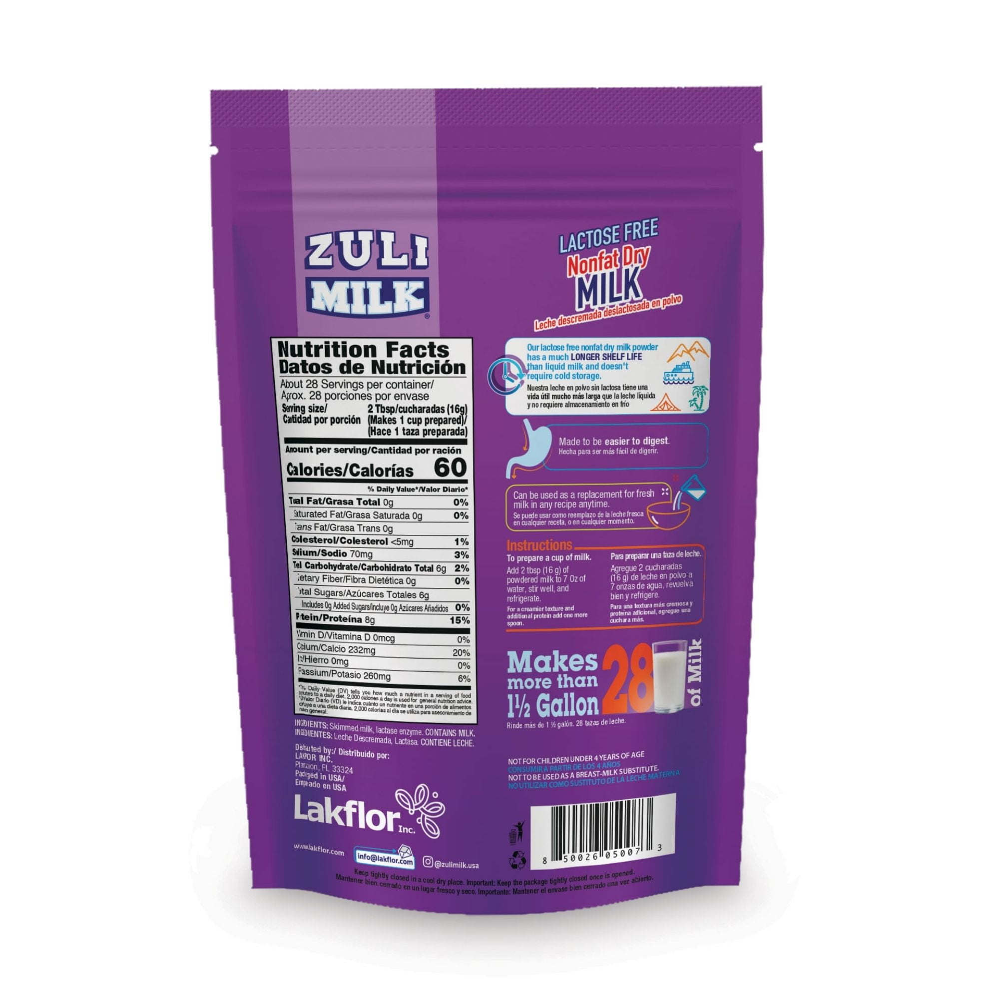 Zuli Milk Nonfat Dry Milk Powder, Original Flavor, Fat Free, Lactose Free, Non-GMO, rBST-Free, 16 oz, pack of 3