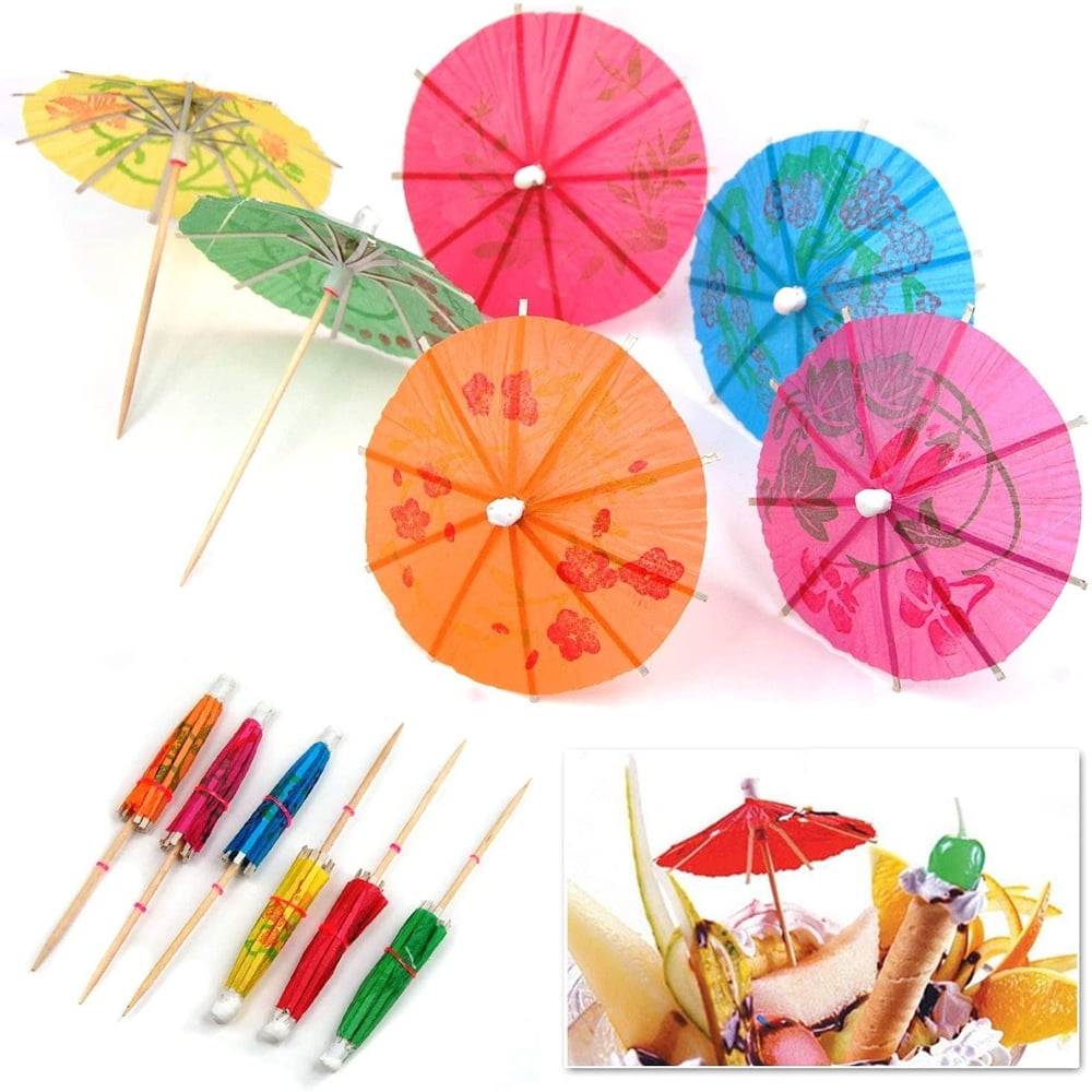 50 pcs Cocktail Paper Umbrella Sticks Drink Fruit Cake Sticks Foil Fireworks Sticks for Hawaiian Beach Party Decor Bar Supplies 