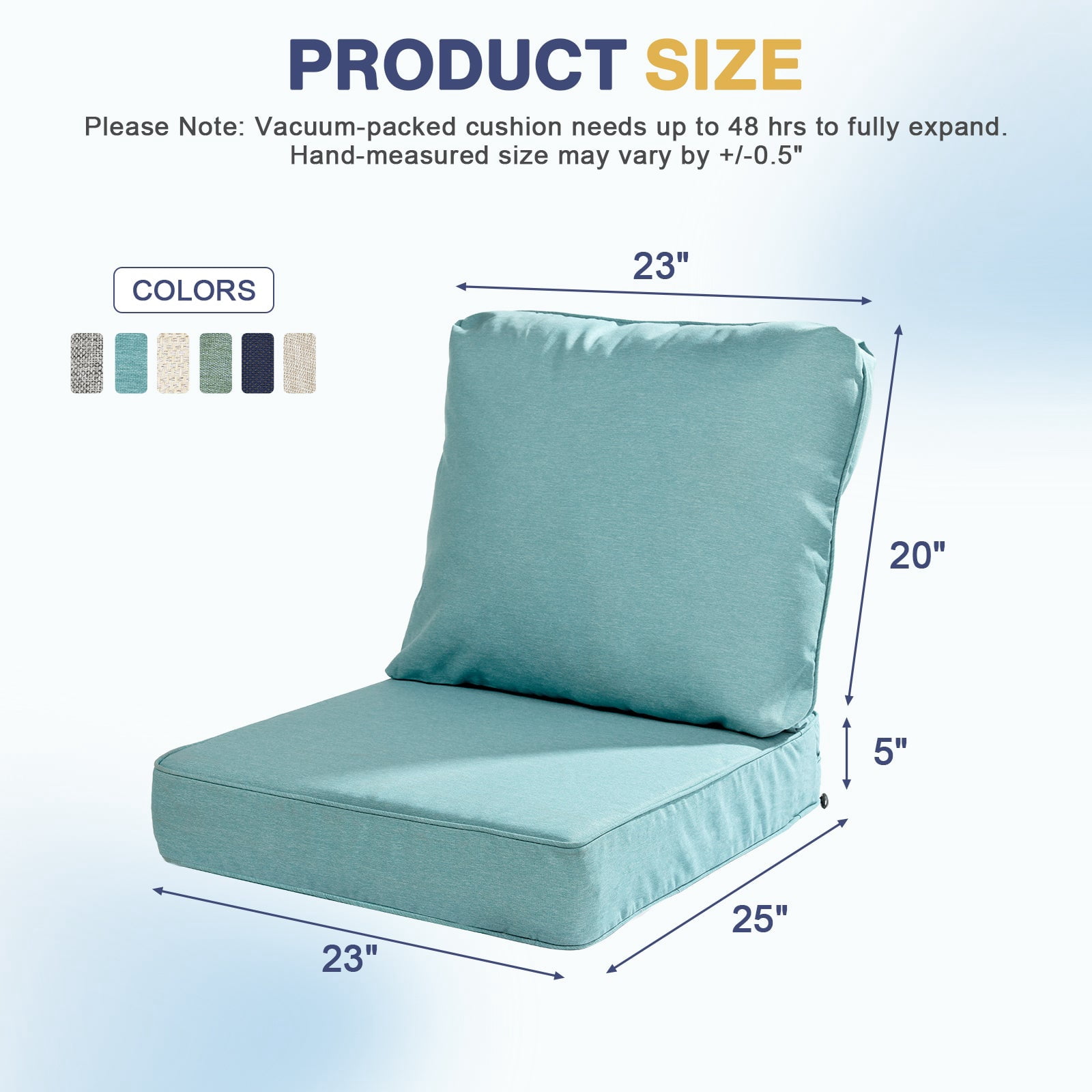 Aoodor 23 x 25 Inch Outdoor Seat Cushion, Water-Resistant & Fade Resistant Deep Seat and Back Cushion with Removable Cover for Patio Furniture Chair, Sofa and Couch, Caribbean Turquoise