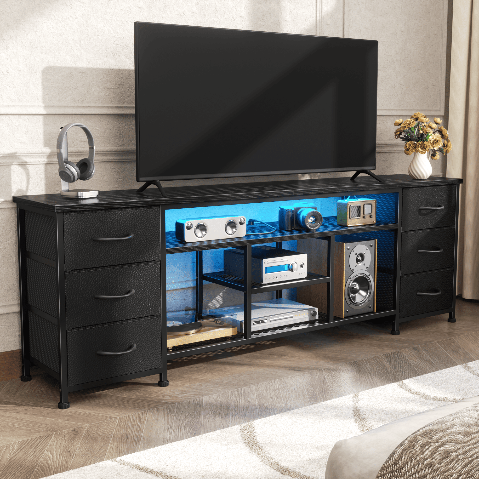 Tydimor Modern TV Stand for TVs up to 80", LED Entertainment Center with Power Outlets and 6 Drawers, Media Console with Storage for Living Room, Black