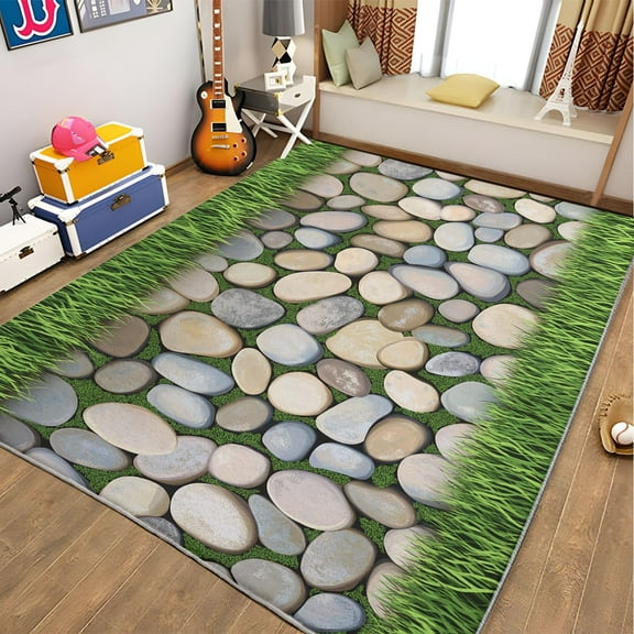 Living Room Area Rugs, Nature Photography Grass Pebbles Printed Design Carpet, Green Washable Rectangle Rug, Soft Short Pile Carpet For Bedroom Dining Room Non-Slip Rug