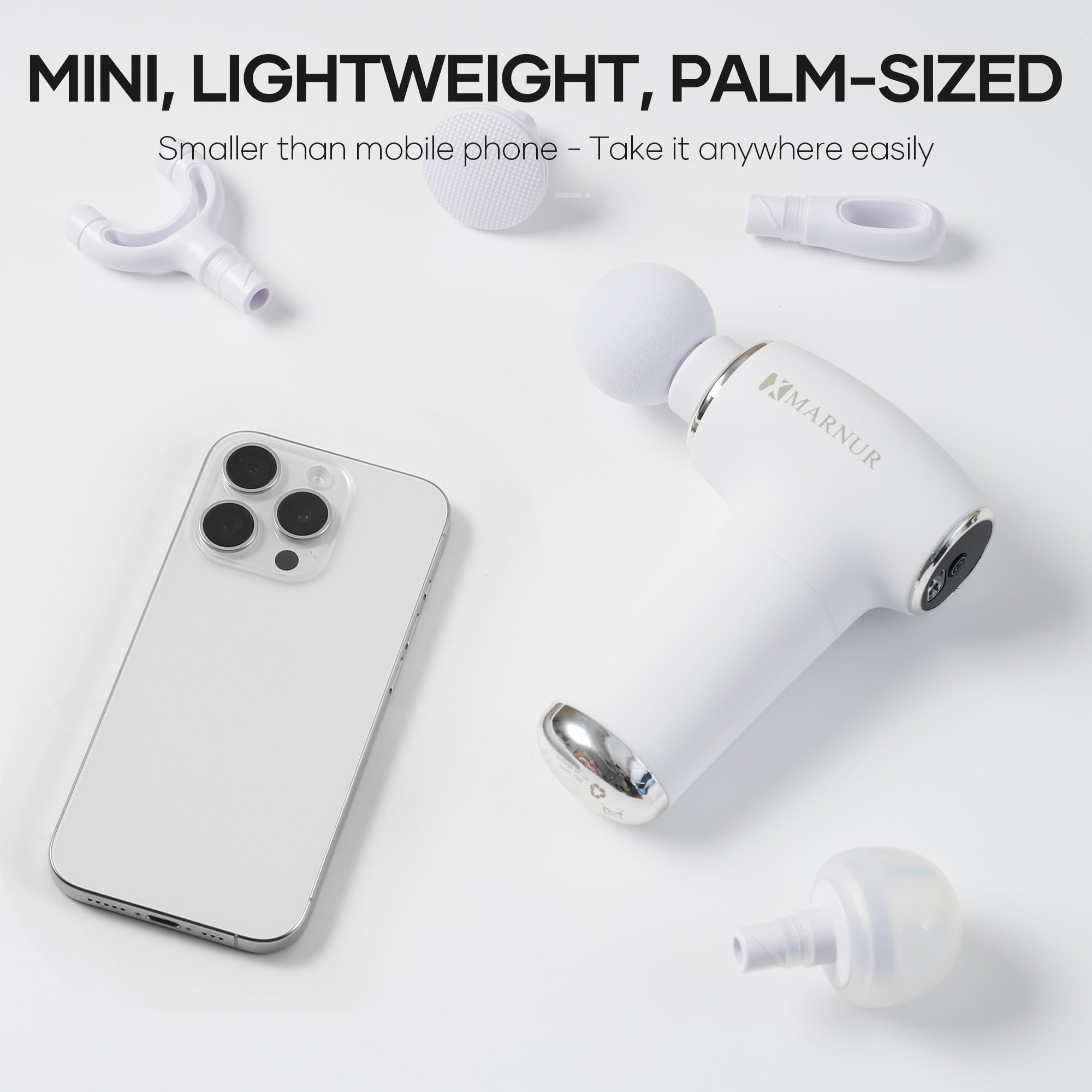MARNUR Mini Massage Gun with Brushless Motor Portable Handheld Deep Tissue Massager, Light & Palm-Size & Quiet, White