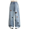 thumbnail image 2 of GBSYEWXS Denim Pants For Girls Toddler Star Print Elastic Waist Wrinkle Relaxed Wide Leg Casual Jeans Blue Size 11 Years-12 Years, 2 of 9