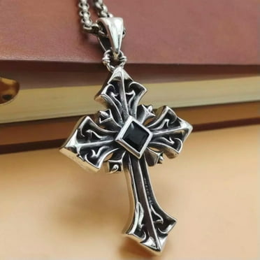 MATROOY Black CZ Cross Pendant Necklace Men's Women's Christian Jewelry Chain 24" Gift