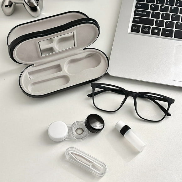 Estuche Doble para Gafas con Espejo | 15 X 7,5 X 7,5 Cm | Estuche 2 En 1 | Estuche de Doble Cara | Piel y Terciopelo | Ideal para Quienes Usan Gafas y Lentes de Contacto